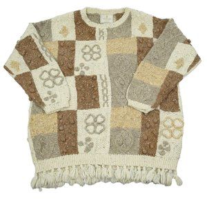 Vintage Express Tricot Sweater Hand Knitted M Fringe Chunky Oversize 90s Slouchy
